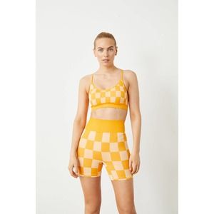 ENAVANT ACTIVE Juno Knitted Seamless Bra Top Womens S/M Orange Check Plaid NWT